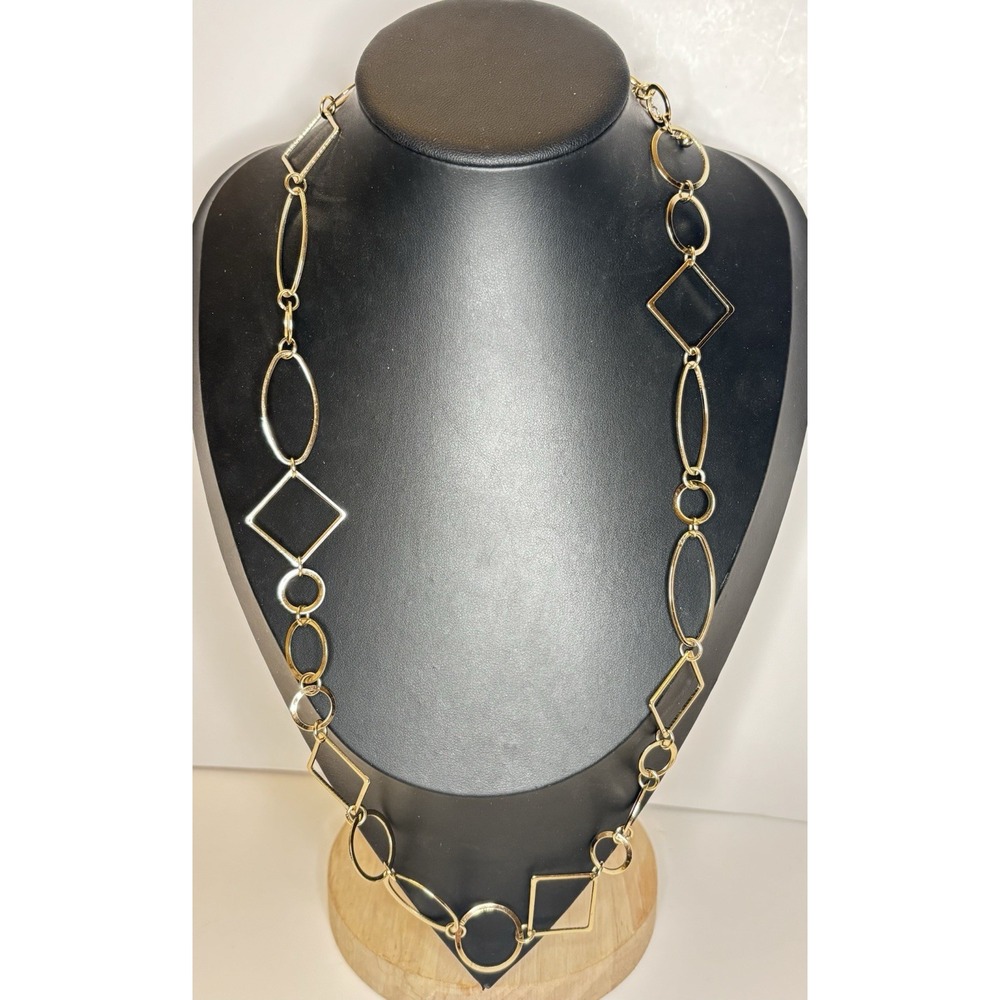 Modernist Geometric Open Link Necklace Circles Squares Mixed Metal Tone 26.5"